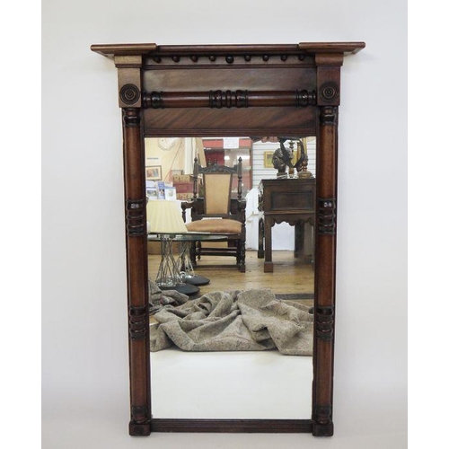 7 - Late 19th/early 20th century mahogany mirror with moulded pediment, turned pilasters, rectangular pl... 