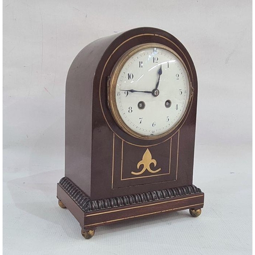 73 - Late 19th/early 20th century mahogany and brass inlaid mantel clock, the case of domed form, the cir... 