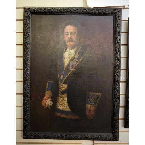 81 - Unattributed
 Oil on board
 Three-quarter length portrait of gentleman in Masonic regalia, within a ... 