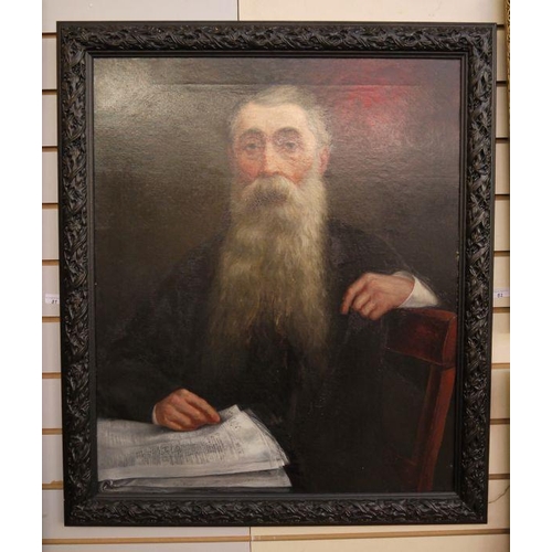 82 - Early 20th century
 Oil on canvas
 Three-quarter length portrait of a bearded gentleman sitting on a... 