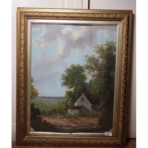 85 - Unattributed
 Oil on card 
 Rustic scene showing derelict cottage surrounded by trees looking across... 