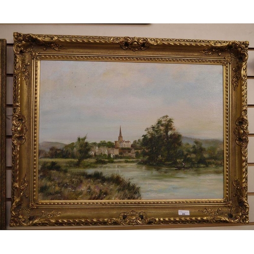 86 - A T Avery
 Oil on canvas
 Continental river scene with spire in background and a gentleman punting d... 