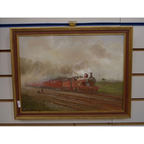 98 - John Mace (20th century school)
 Pair oils on board
 LWSR train, no.0353 leaving station, initialled... 