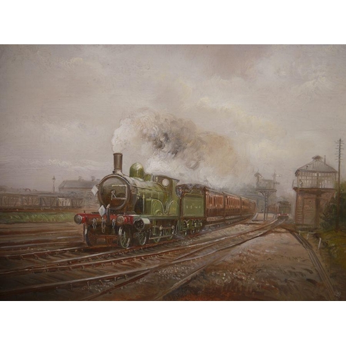 98 - John Mace (20th century school)
 Pair oils on board
 LWSR train, no.0353 leaving station, initialled... 