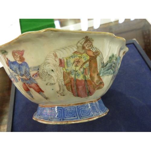 132 - Chinese bowl having everted ogee moulded rim, turquoise interior and painted exterior with figures a... 