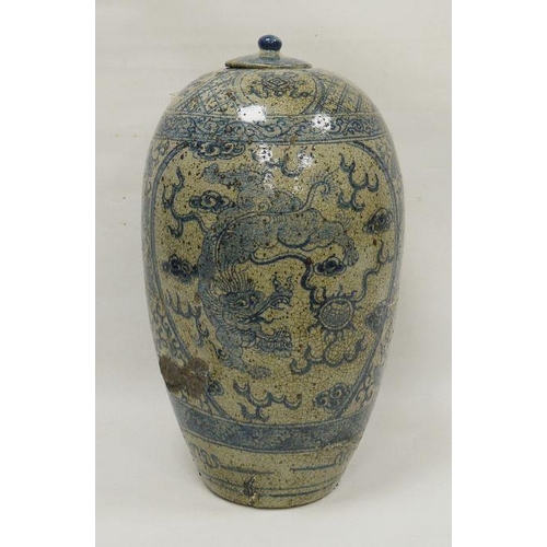 111 - Large Chinese porcelain blue and white oviform vase and cover, late 19th/20th century, painted with ... 