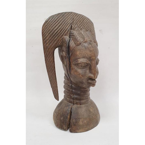 135 - African Sierra Leone carved wooden head of woman in headdress, 42cm high