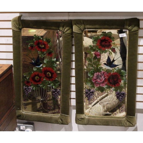 1392 - Pair of Victorian mirrors with painted swallow amongst flower decoration to the glass, green velvet ... 