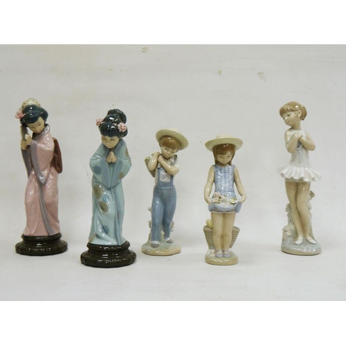 17 - Four Lladro figures and a Nao figure, 20th century, printed marks, comprising two figures of Chinese... 