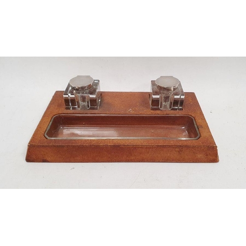 178 - Finnigans leather effect inkstand with pair cut glass and EPNS mounted inkwells