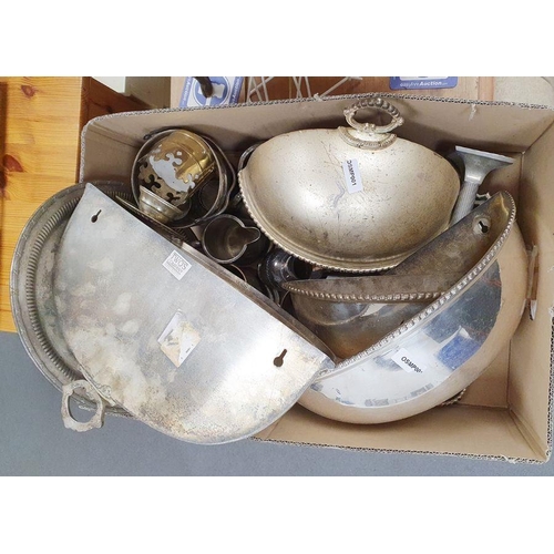 208 - Electroplate and brassware to include candelabra, tray, etc (2 boxes)