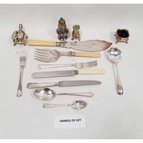 216 - Collection of Sheffield plate flatware, silver plated salts and shakers and other items, including a... 