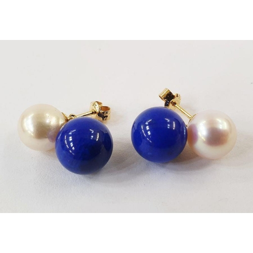 237 - Pair 18K cultured pearl and lapis lazuli earrings, each set one each pearl and lapis