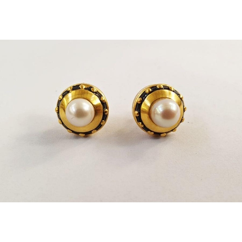 238 - Pair gold-coloured, black enamel and pearl stud earrings