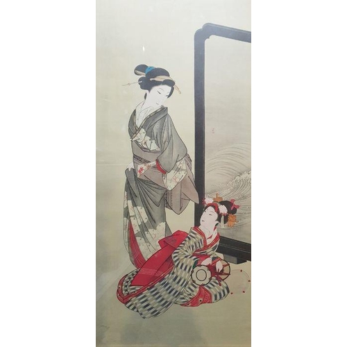 271 - Japanese woodblock colour print of two geishas in interior, 90cm x 41cm