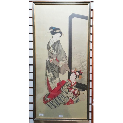 271 - Japanese woodblock colour print of two geishas in interior, 90cm x 41cm