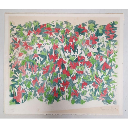 282 - 20th century school
 Colour block print 
 Greens and reds, artist's proof' indistinctly signed in pe... 