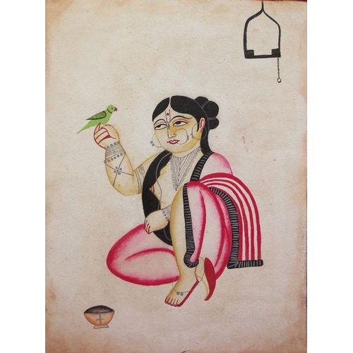 297a - Kalighat school, possibly circa 1920's 
 Watercolour
 Figure with a parrot, 47 x 37 cm