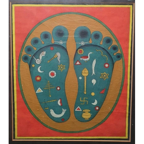 297 - 20th century Indian school 
 Painting on fabric
 Vishnu - Pada, green feet on a brown ground circle,... 