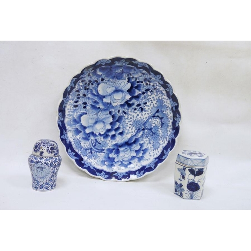 3 - Japanese blue and white charger with floral decoration, ring mark to base, a hexagonal-shaped caddy ... 