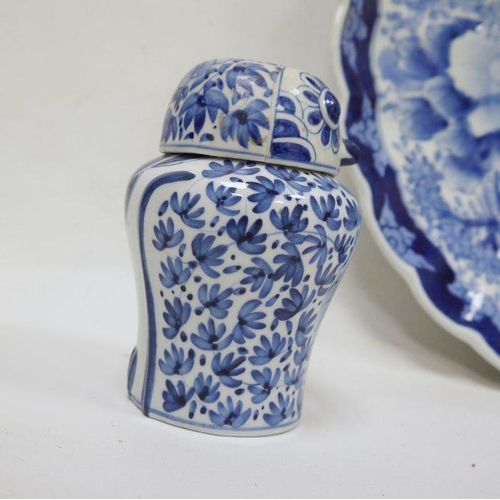 3 - Japanese blue and white charger with floral decoration, ring mark to base, a hexagonal-shaped caddy ... 