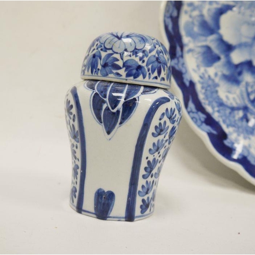 3 - Japanese blue and white charger with floral decoration, ring mark to base, a hexagonal-shaped caddy ... 