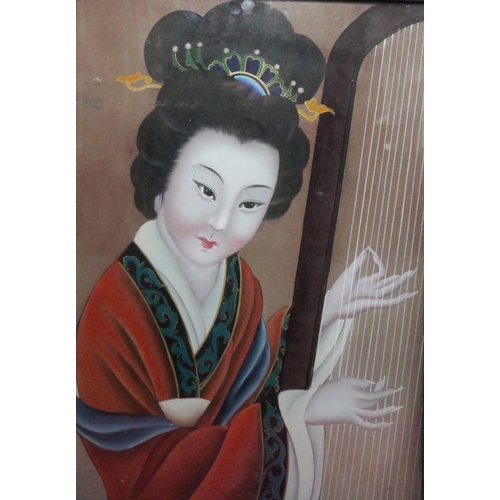 301 - 20th century Chinese school 
 Reverse glass painting
 Figure with harp 47.5 x 33.5 cm