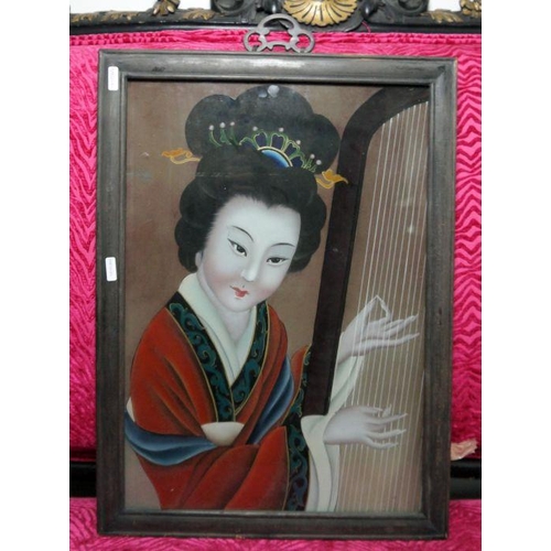 301 - 20th century Chinese school 
 Reverse glass painting
 Figure with harp 47.5 x 33.5 cm