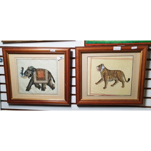 302 - 20th century Indian school
 Watercolour on fabric 
 Study of elephant and one of tiger (2)