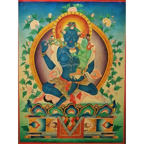 303 - 20th century Tibetan school 
 Watercolour on card (?)
 Blue Tara Green Tara, unsigned, marked verso ... 