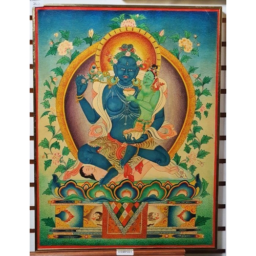 303 - 20th century Tibetan school 
 Watercolour on card (?)
 Blue Tara Green Tara, unsigned, marked verso ... 