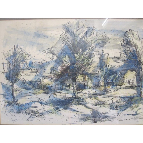 304 - Henry Trivick (1908-1982)
 Pen, ink and wash drawing
 Buildings with trees in foreground, signed low... 