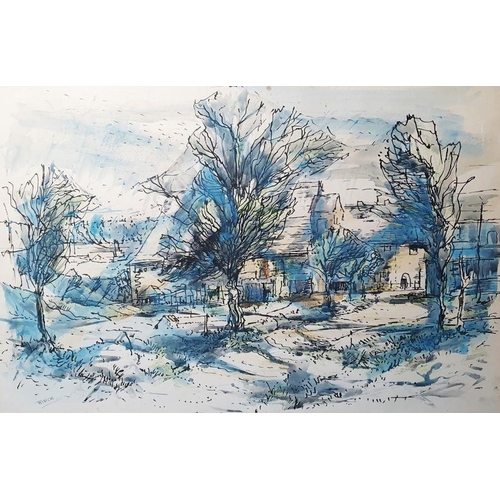 304 - Henry Trivick (1908-1982)
 Pen, ink and wash drawing
 Buildings with trees in foreground, signed low... 