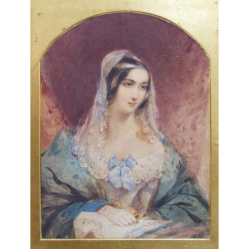 312 - 19th century school
 Watercolour
 Half-length portrait, figure in blue dress, indistinctly initialle... 