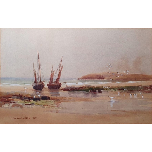 316 - J W Milliken 
 Watercolour
 Fishing boats on sandy beach, signed and dated '87 lower left, 17cm x 27... 