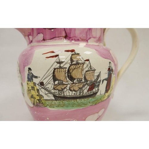 33 - Sunderland lustreware creamware jug, circa 1830, printed, painted and lustred with maritime scene an... 