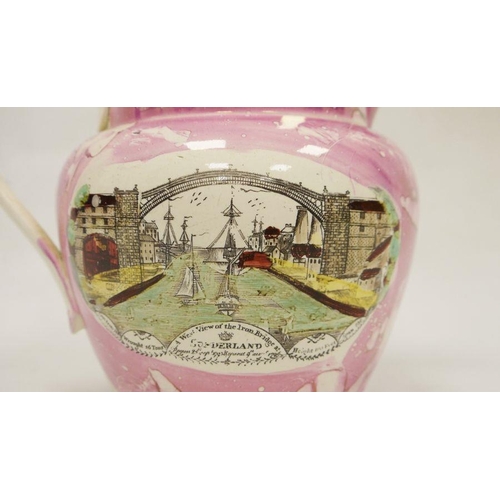 33 - Sunderland lustreware creamware jug, circa 1830, printed, painted and lustred with maritime scene an... 