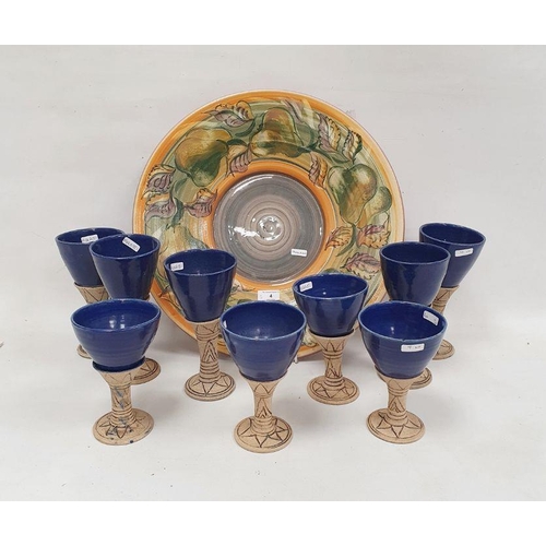 4 - Large Jersey pottery charger with hand painted pear and leaf decoration and a set of studio pottery ... 