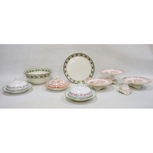 47 - Collection of English pottery and porcelain tablewares, comprising a pottery circular pierced bowl a... 