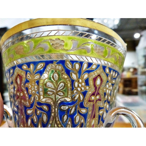 71 - Enamelled three-handled Persian-style vase, in the style of Lobmeyr, 20th century, 411.5711 marks, e... 