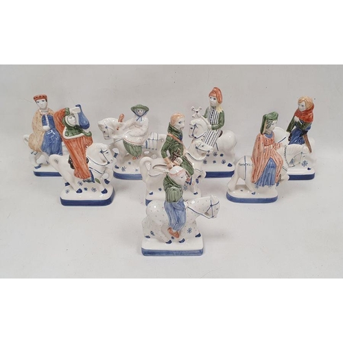 76B - Eight Rye pottery Canterbury Tales figures on horseback, printed blue marks, each bearing label, com... 