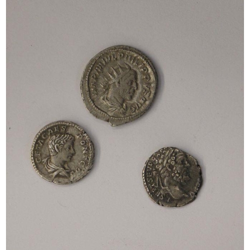 106 - 3 Silver Roman Coins, Septimus Severus, reverse Mars Advancing (1)  Geta silver Denarius As Augustus... 