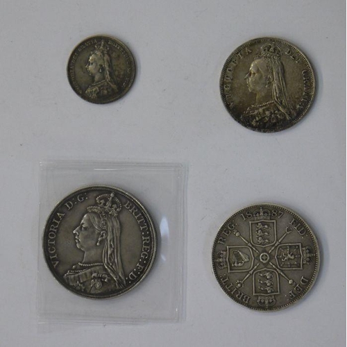 139 - Victoria 1887 Crown, together with 1887 Double Florin (both ex brooch), half crown and shilling (4)