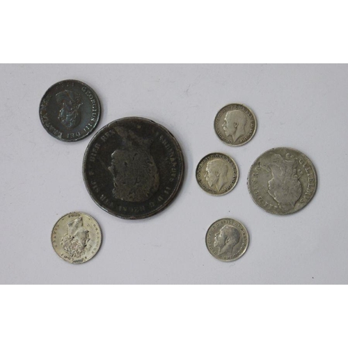 184 - Mixed selection of coins (7) to include William Shilling 1696 weak at date, George IV sixpence 1826 ... 