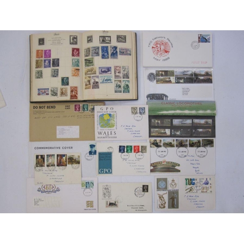 22 - Postboy stamp album with loose GB first day covers, some with railway theme (1 album and some papers... 