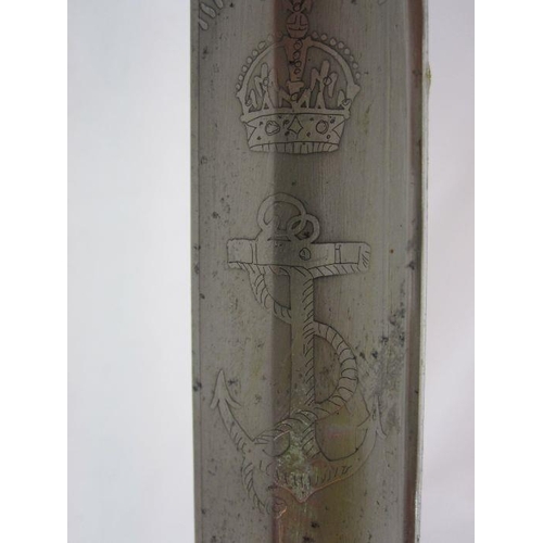 266 - Royal Navy officer's dress sword with white fish skin grip, brass pommel in the form of a lion and d... 