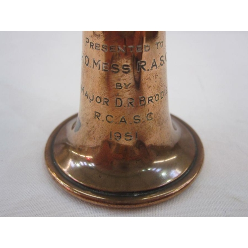 281 - Silver regimental table lighter in the shape of a horn, engraved, presented to HQ Mess R.A.S.C by Ma... 