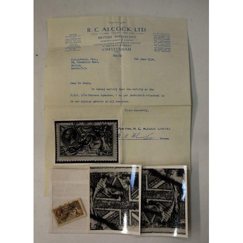 43 - Morocco Agencies KGV 2/6 used seahorse. 5G 50a re entry on shield letter from the famous dealer R.C.... 