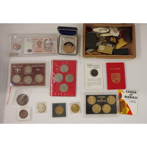 91 - Various World banknotes in varied states, with box of assorted coins