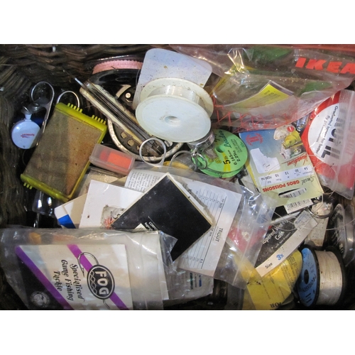 247 - Box of varying quality fishing tackle items including fishing line reels, assorted hooks, flies and ... 